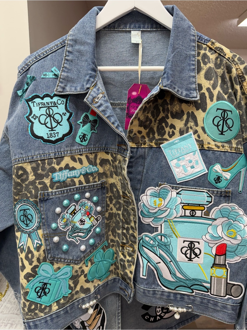 Women's Denim Jacket with Aqua Patchwork and Leopard Panels